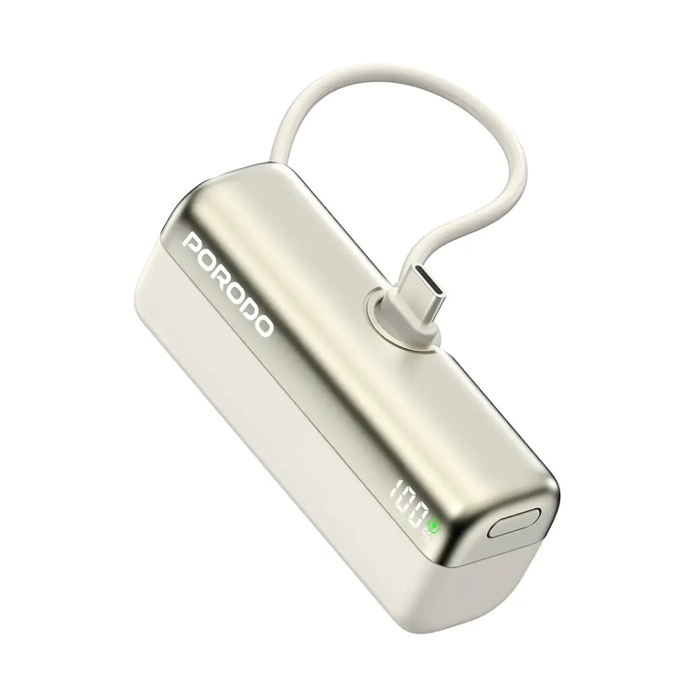 Porodo 22.5W silver power bank with built-in cable and battery indicator