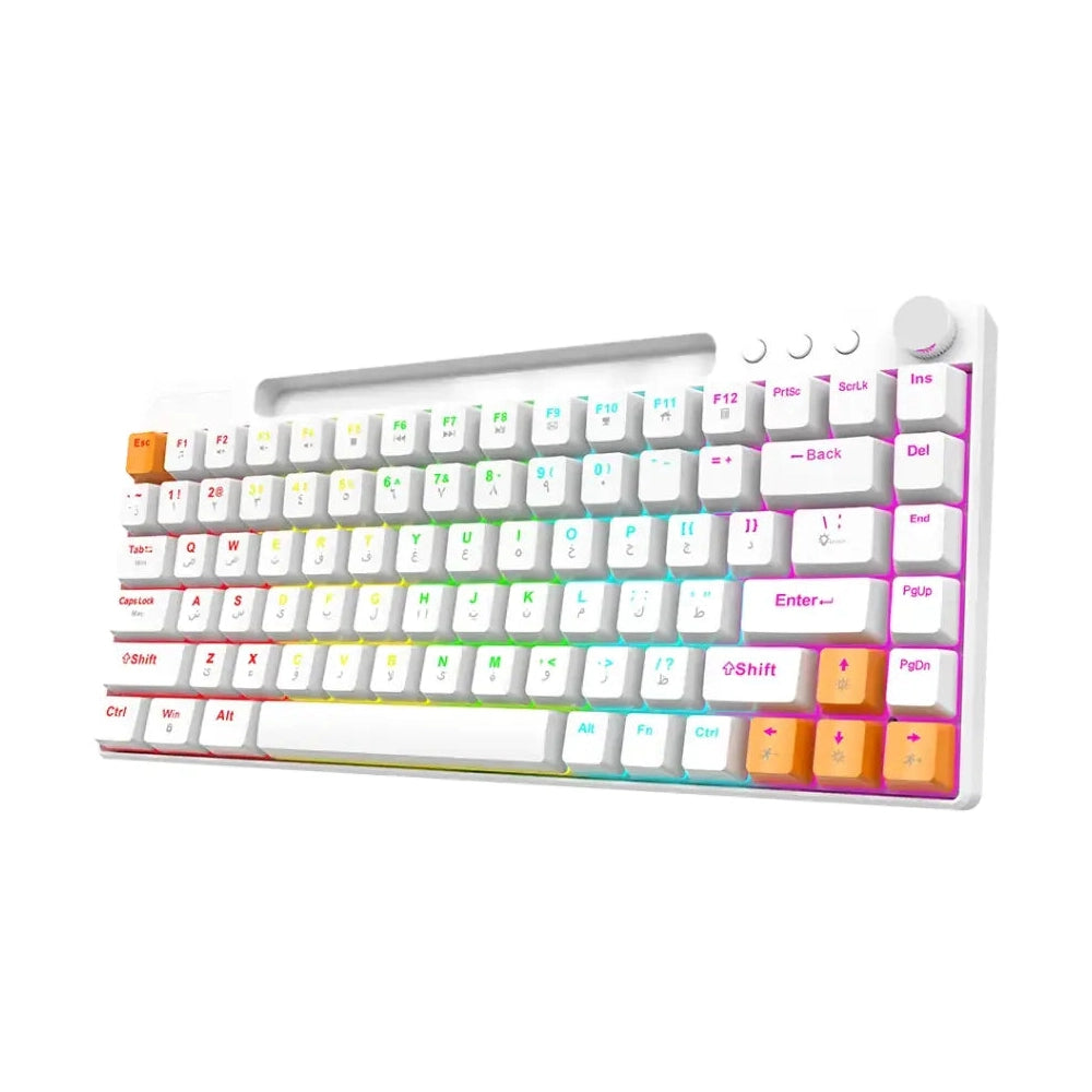 White mechanical keyboard side view showing rotary volume dial