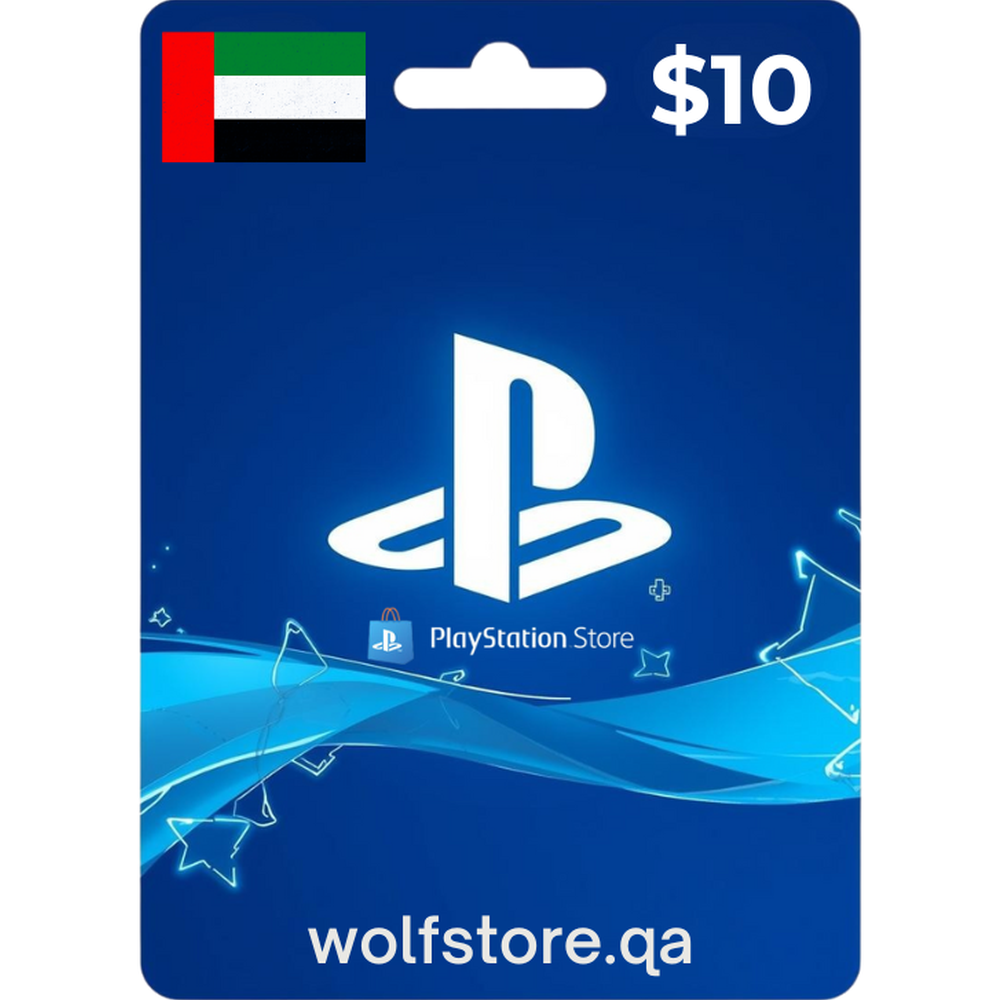 $10 PlayStation Store digital card for UAE with blue wave design and wolfstore.qa branding