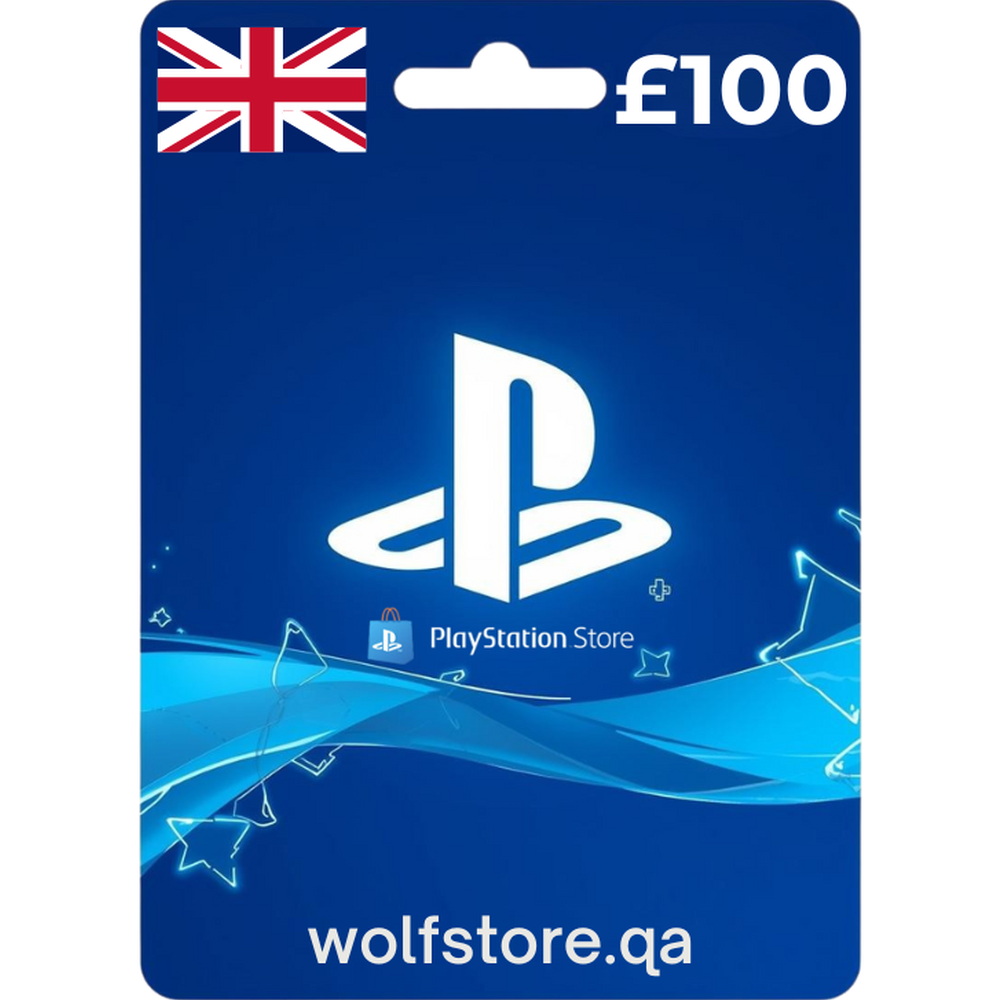£100 PlayStation UK digital card with Union Jack flag and blue wave design
