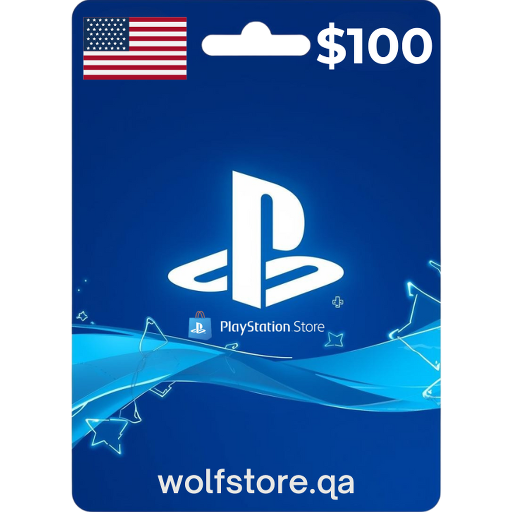 $100 PlayStation USA Store digital gift card with blue design and American flag icon