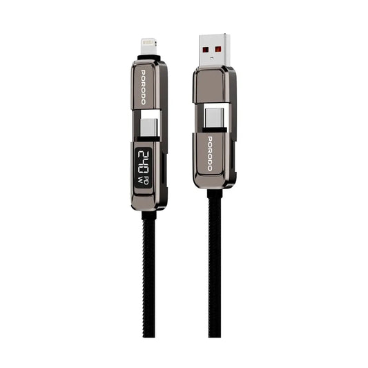 Close-up of Porodo 240W braided cable connectors revealing Lightning and USB-C ports