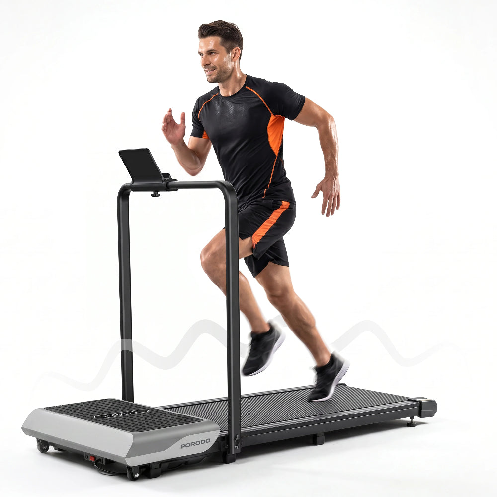 Arabic: جهاز المشي القابل للطي من بورودو — تصميم موفر للمساحة مع عجلات نقل لسهولة الحركة | English: Porodo foldable treadmill — Space-saving design with transport wheels for easy movement