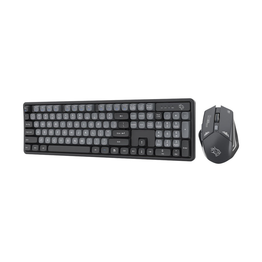 Black Porodo gaming keyboard and mouse with blue backlighting and ergonomic design