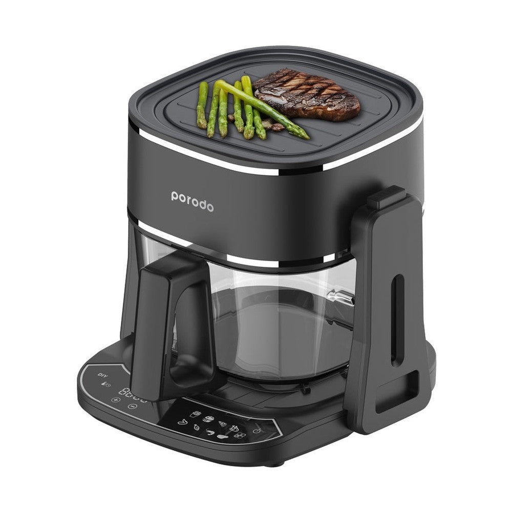 Porodo dual-function air fryer grilling steak and asparagus