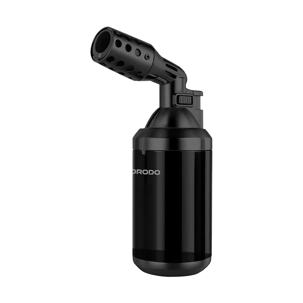 Black DRODO torch showing safety lock button and circular perforated nozzle detail