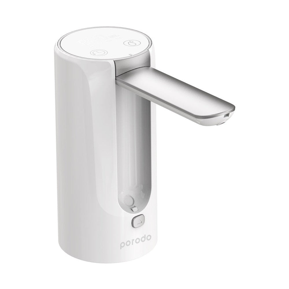 Porodo foldable water pump three-quarter view showing transparent window and button