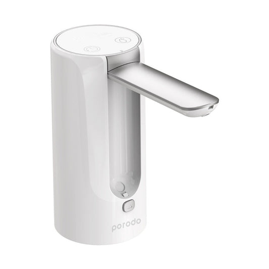 Porodo foldable water pump three-quarter view showing transparent window and button