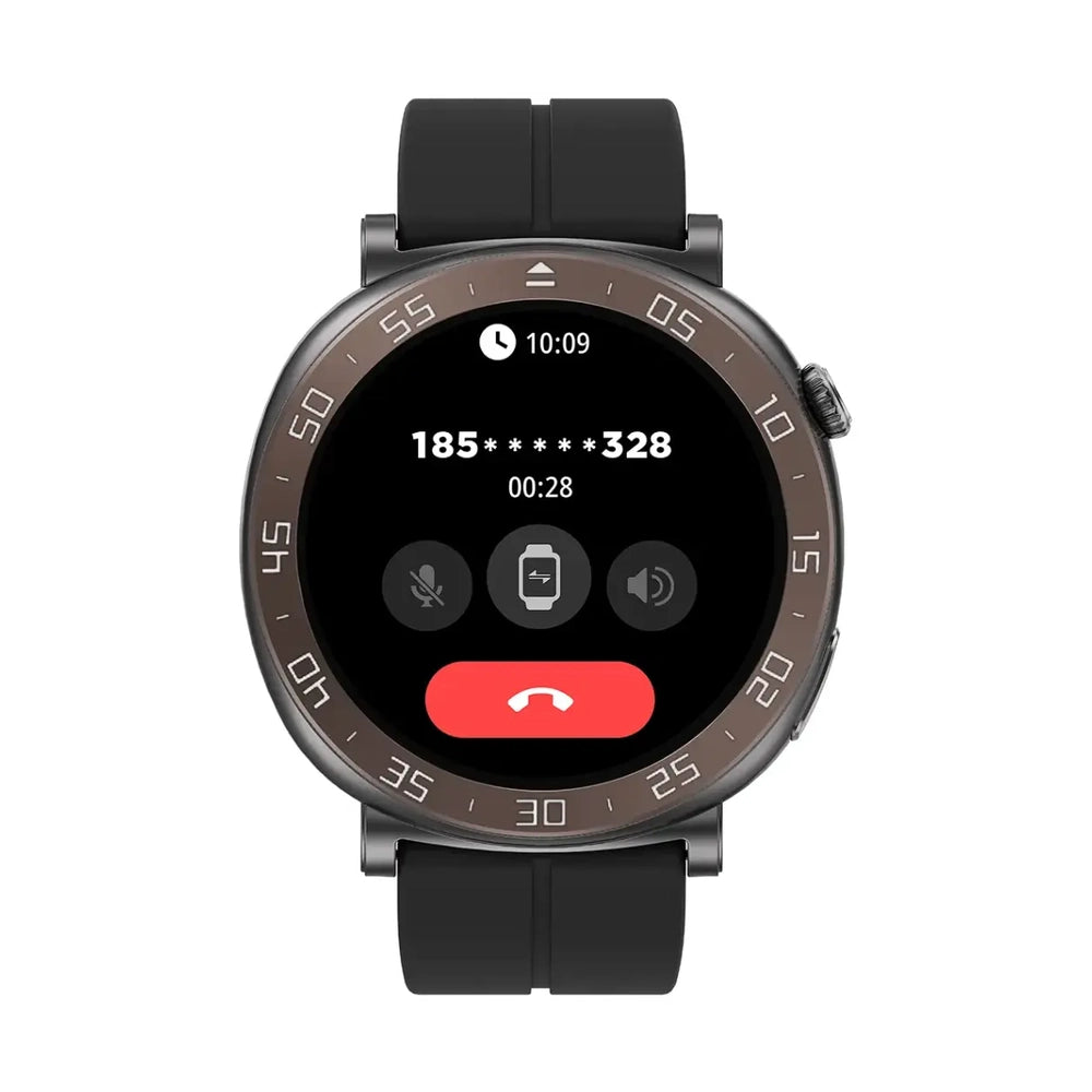 Black Porodo Salud smartwatch displaying active call interface on AMOLED screen
