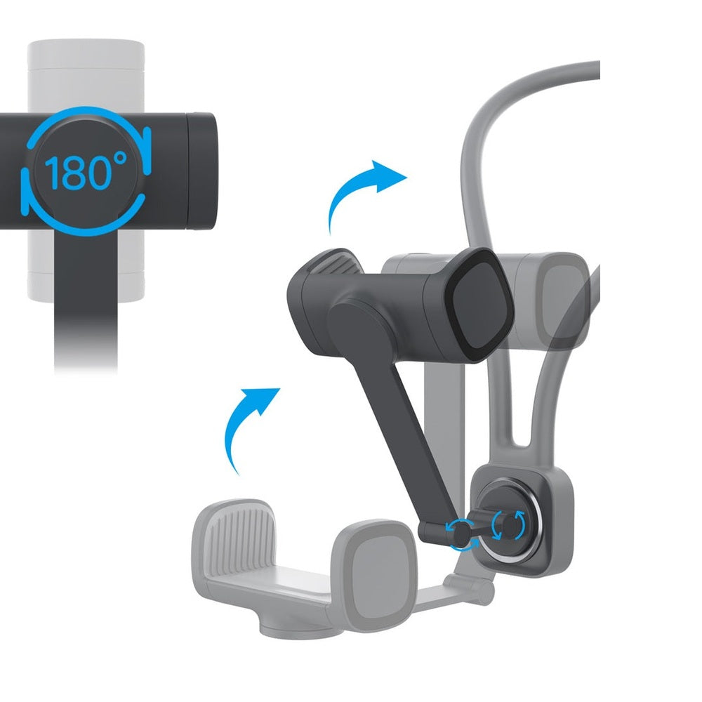 Porodo neck mount showing 180-degree horizontal and 360-degree vertical rotation