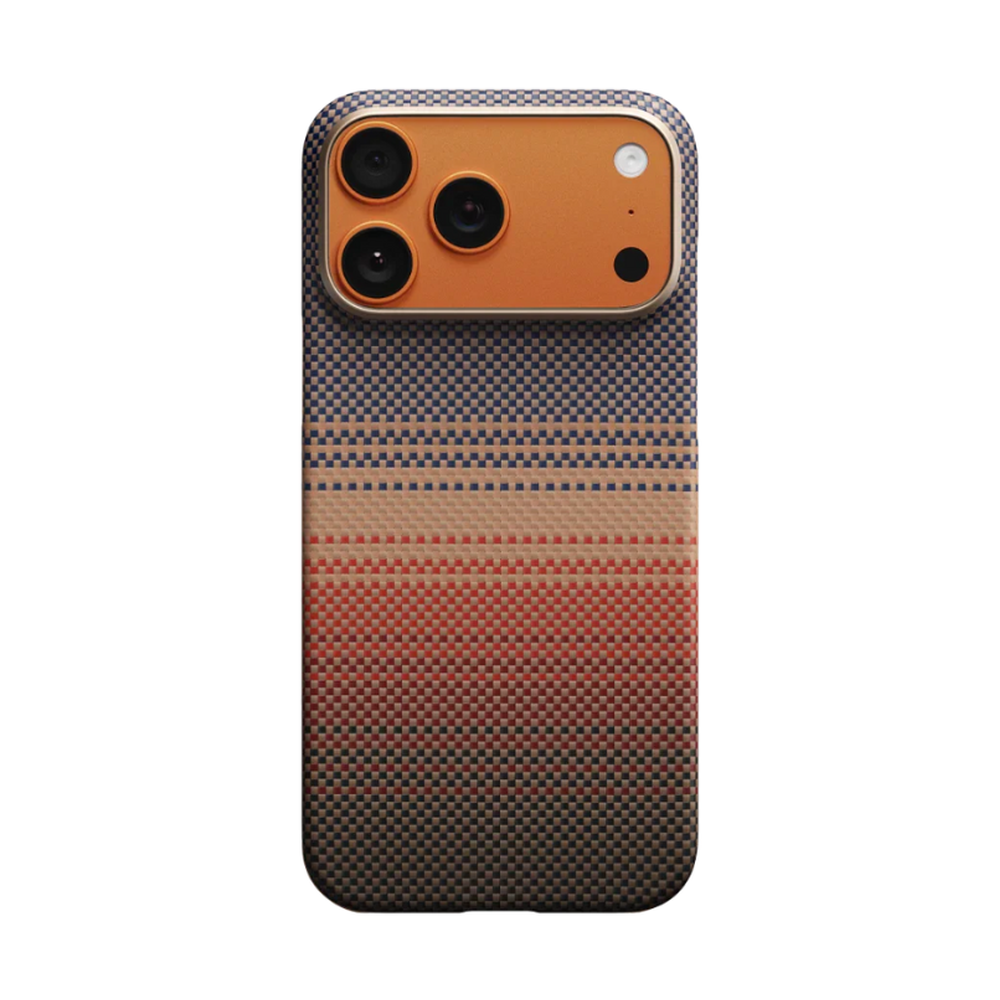 Orange base Pitaka iPhone case with multi-tonal checkered weave pattern