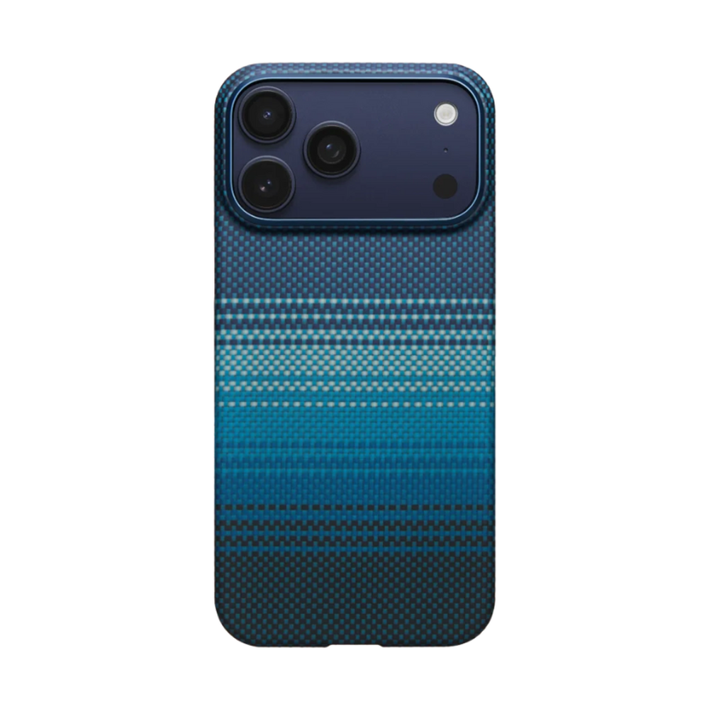 Blue gradient aramid fiber Pitaka iPhone case with triple camera module