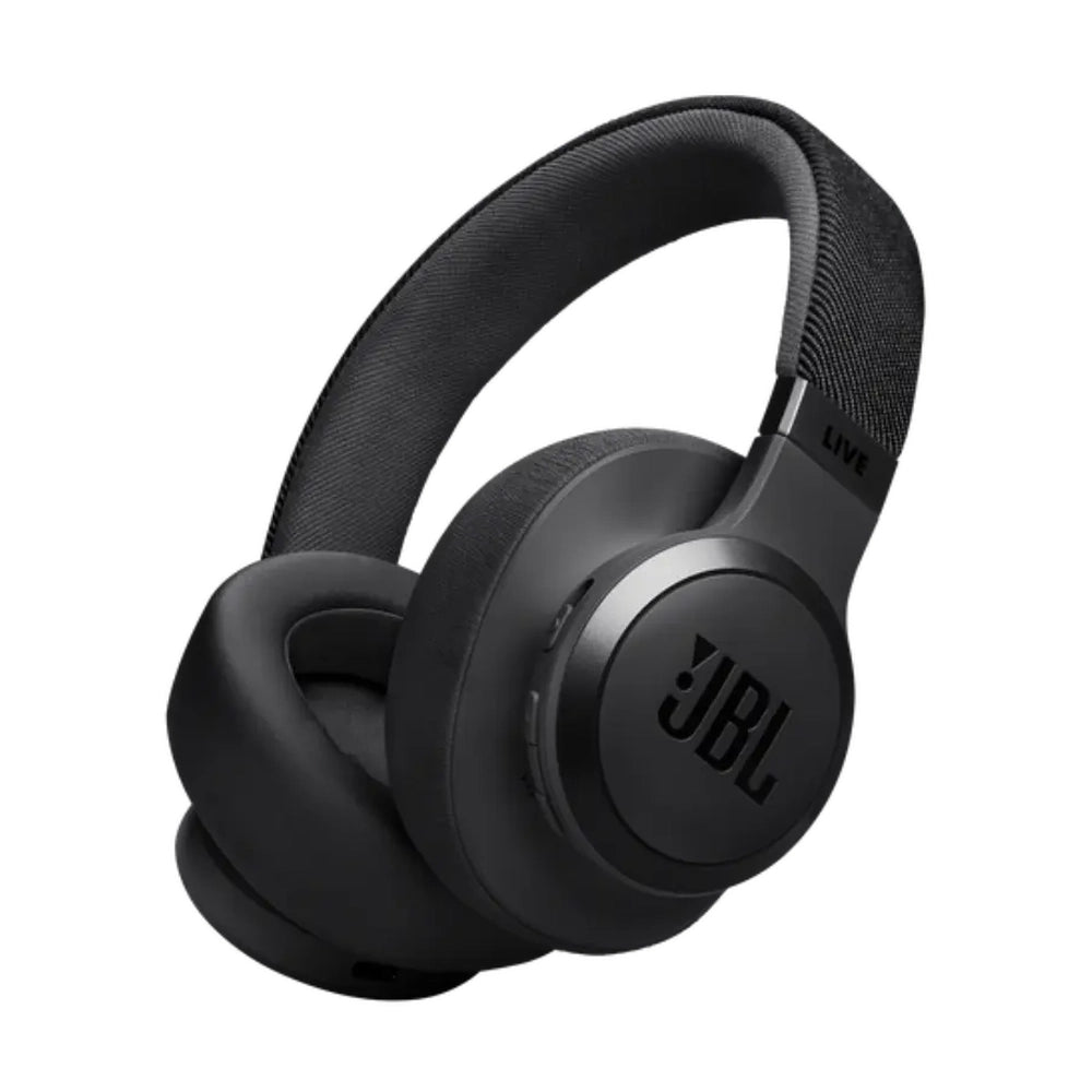 Black JBL Live wireless over-ear headphones with matte finish and engraved hinge detail