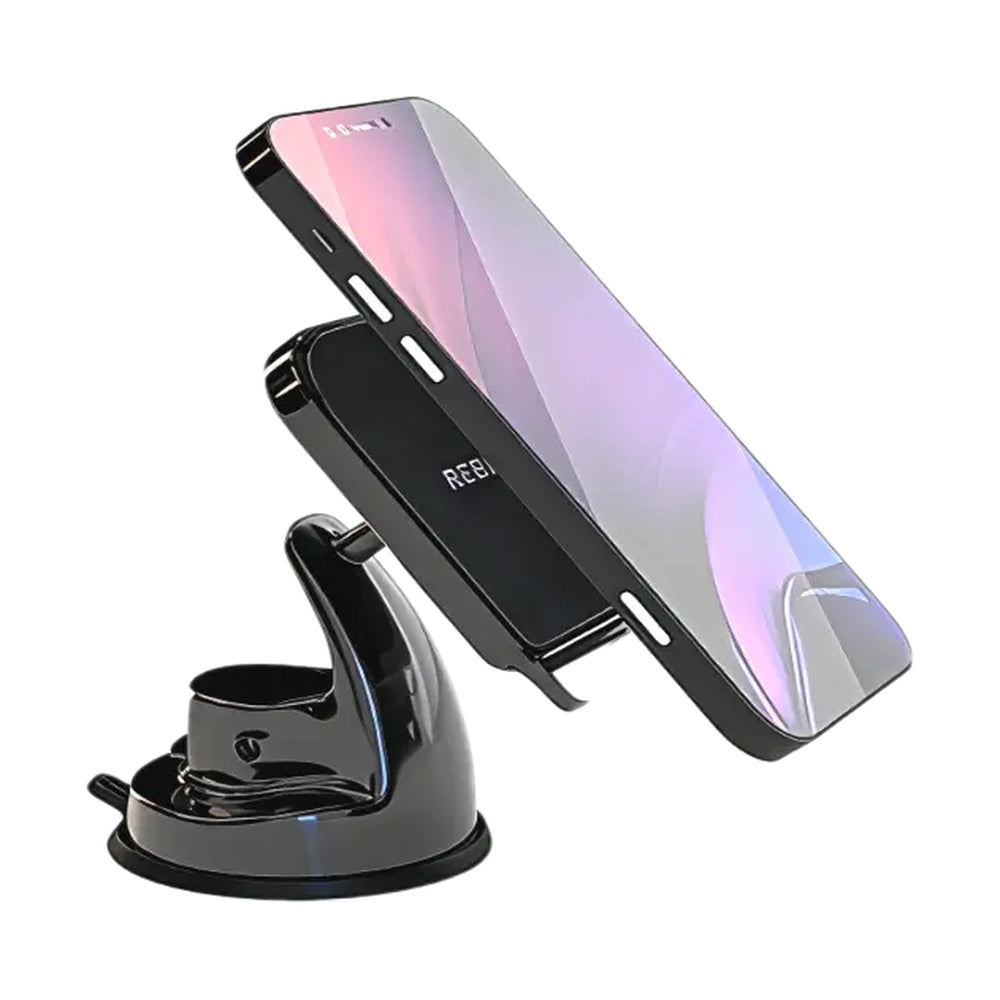 Black magnetic car phone holder with suction cup holding smartphone at viewing angle