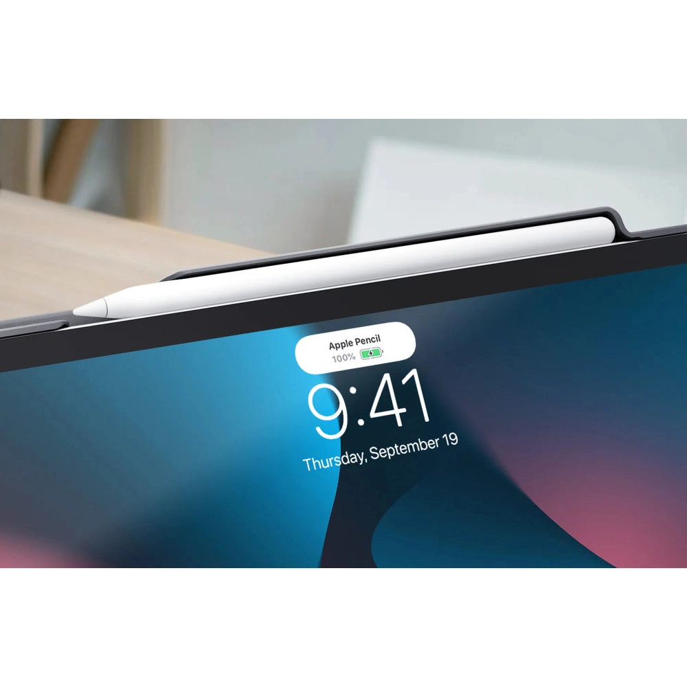 Apple Pencil docked in black Uniq iPad Air 13 case lock screen view