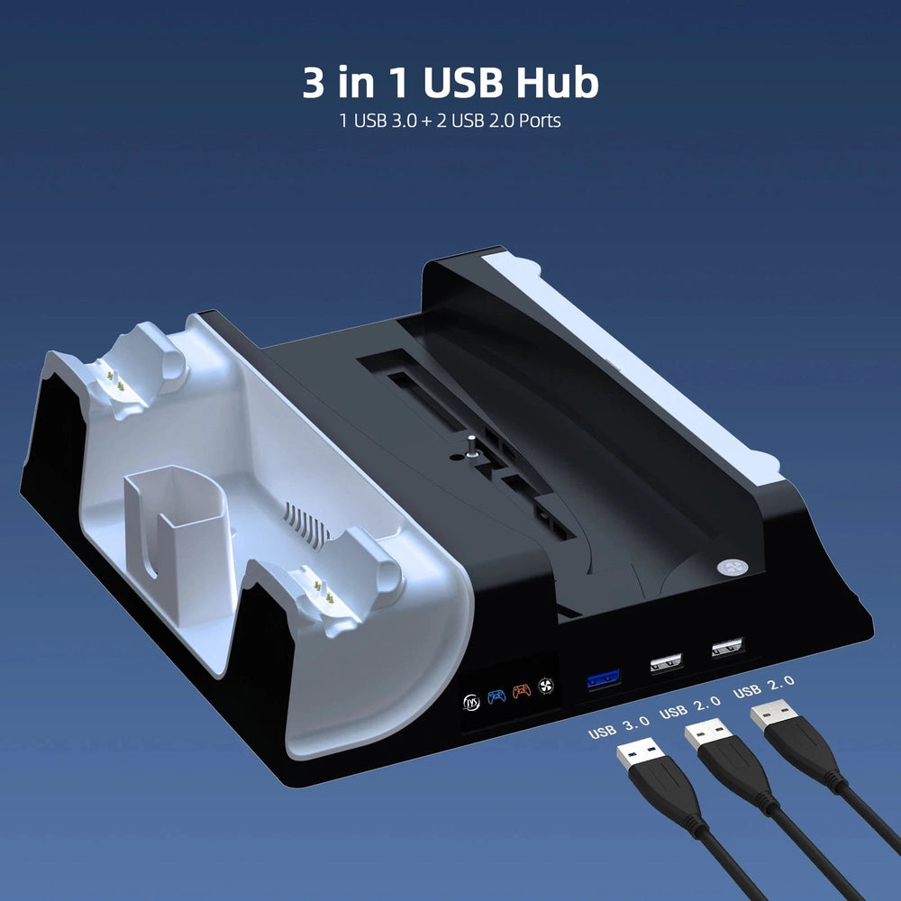 Rear view of PS5 stand featuring 3-in-1 USB hub with blue USB 3.0 port