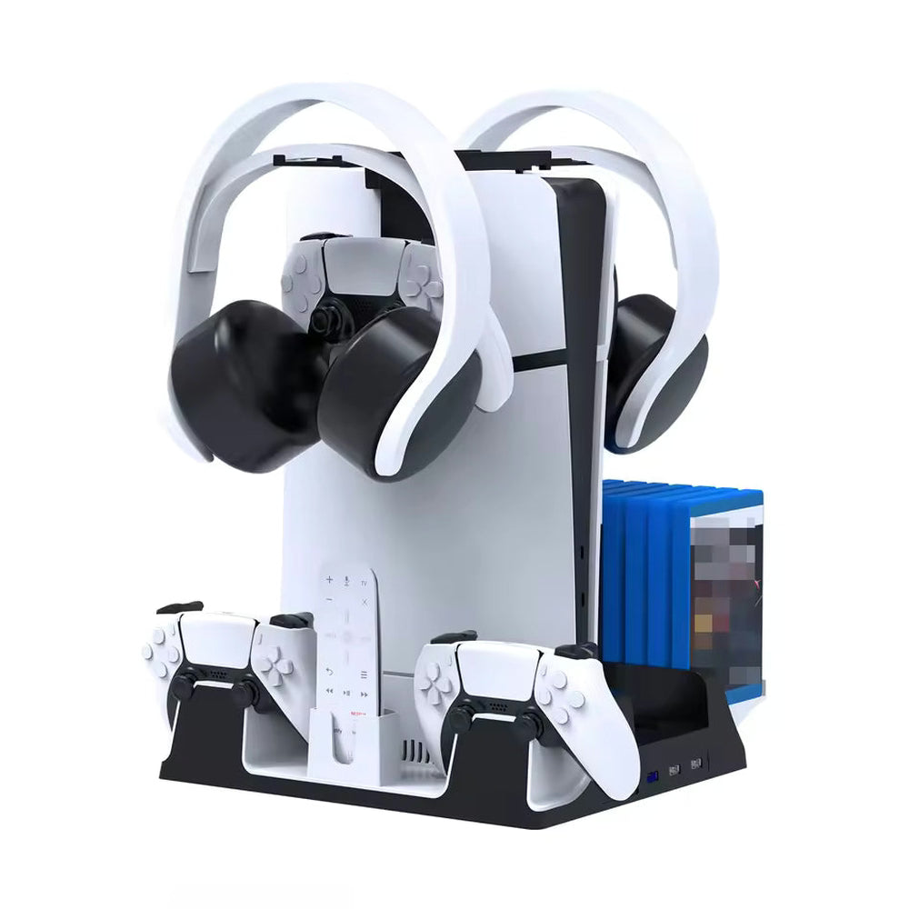 Vertical PS5 console setup with stand holding controllers, headset, and game discs