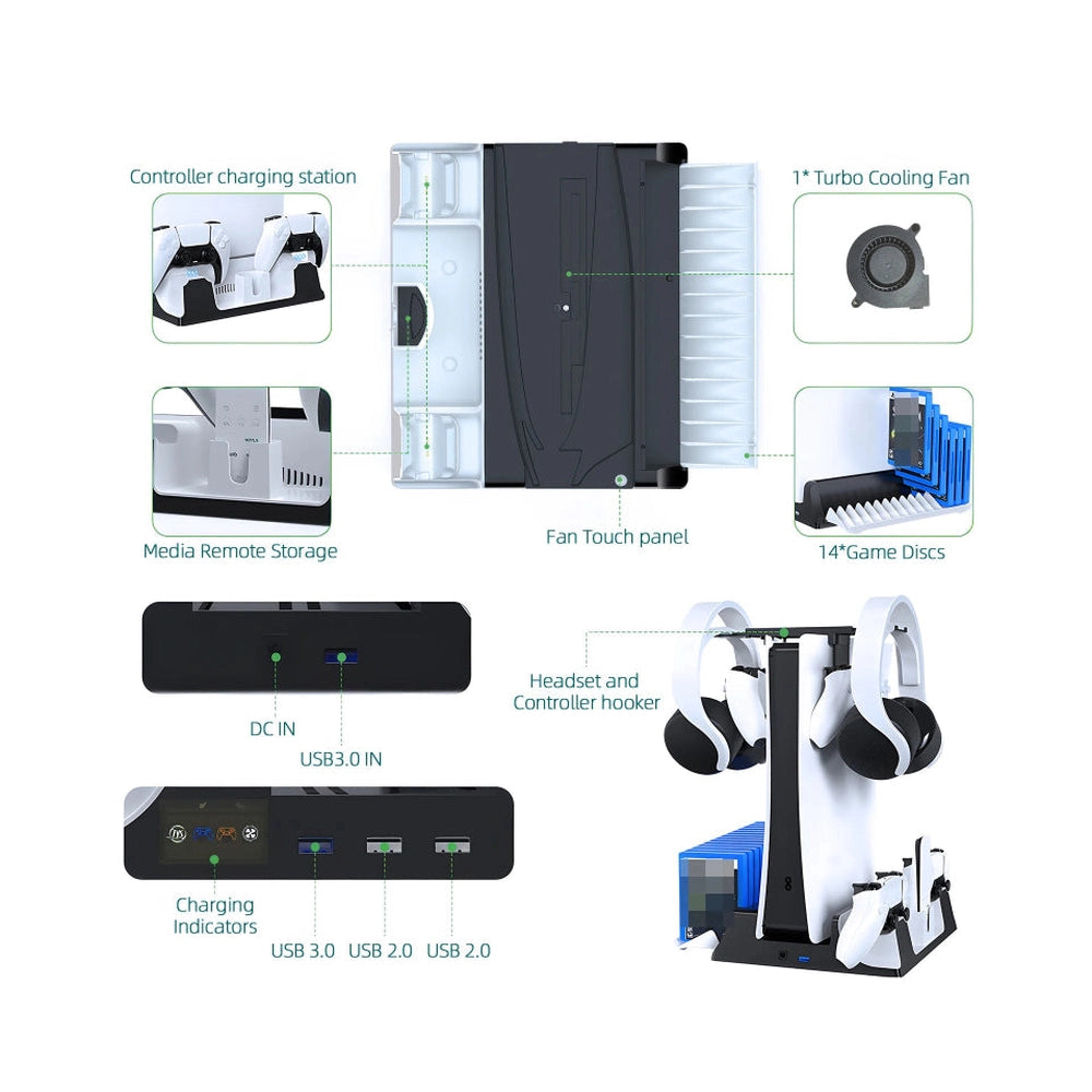 PS5 stand diagram showing cooling fan, disc storage, and headset hooks