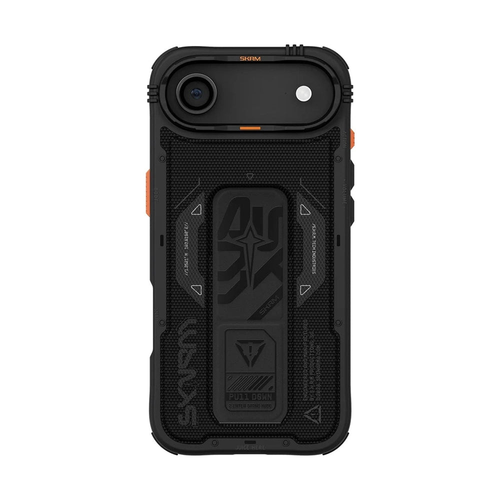 Black Skinarma iPhone 17 Phantom case designed for single-lens models with orange accent strip