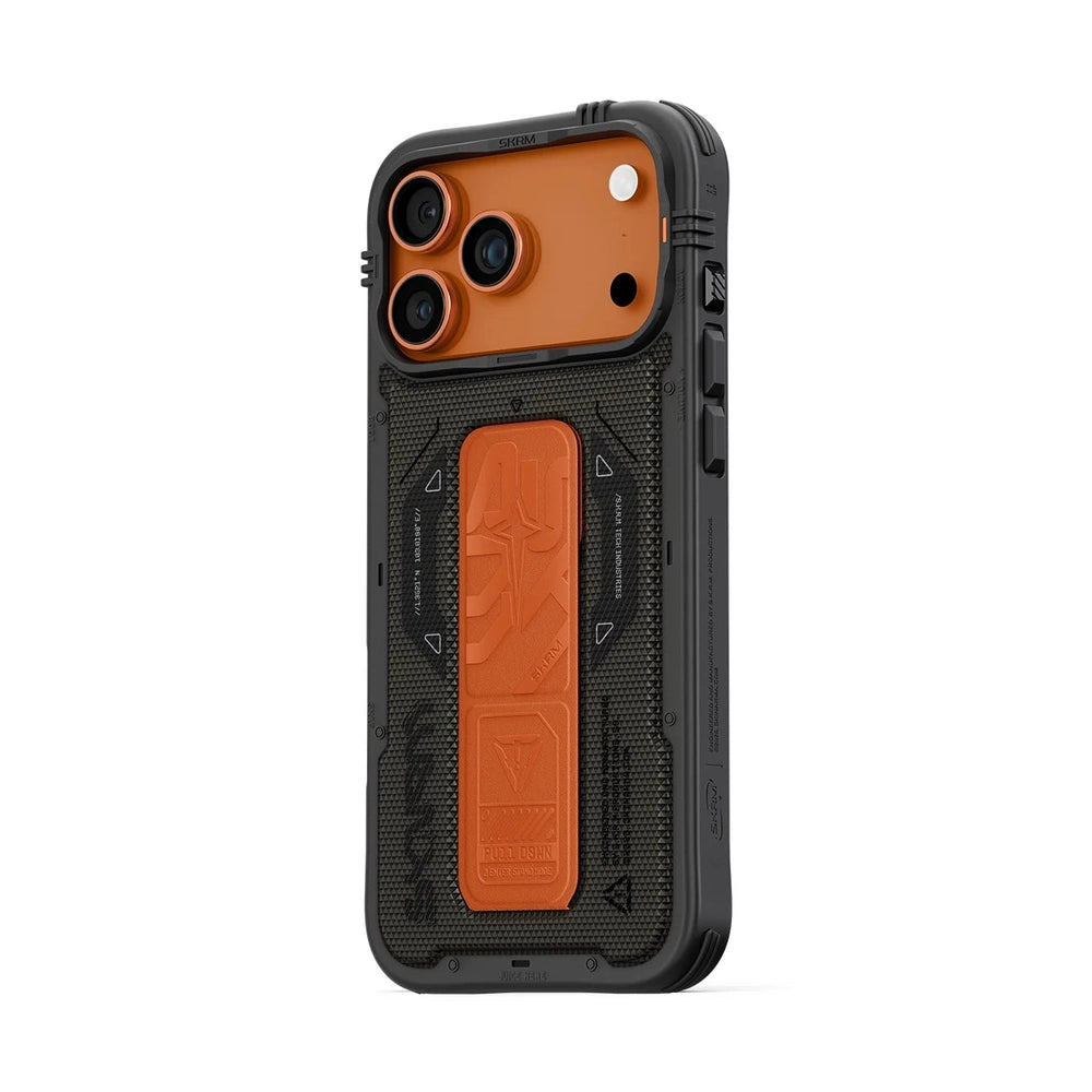 Black Skinarma iPhone 17 Phantom case with orange camera ring and reinforced corner drop protection