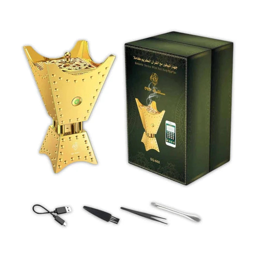 Gold Bakhoor device with accessories including USB cable, brush, and tweezers