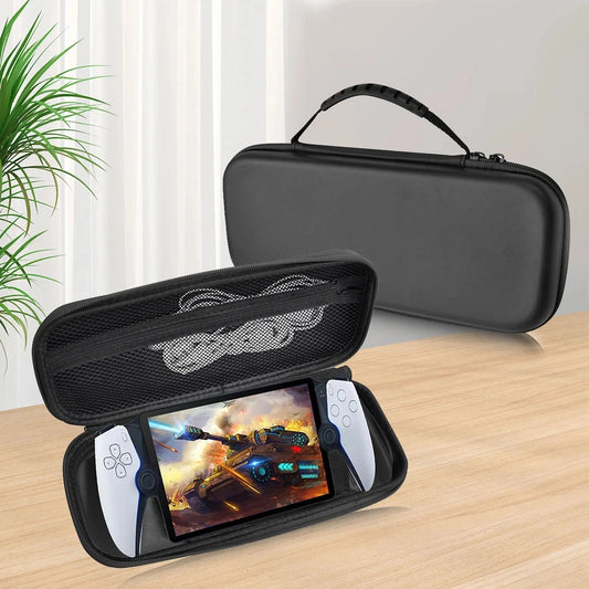 PlayStation Portal storage bag with controllers and cable on wood surface