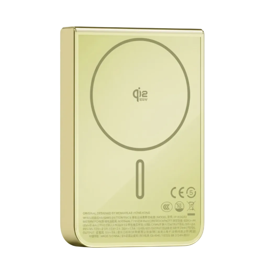 Gold wireless charging pad with Qi logo on a white background