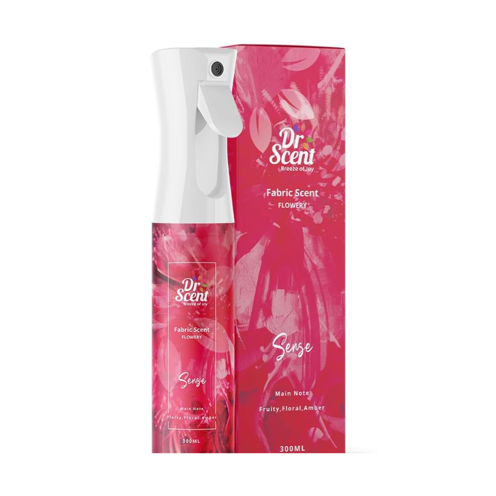 Dr Scent Flowery Fabric Scent spray with fruity floral amber notes in pink packaging
