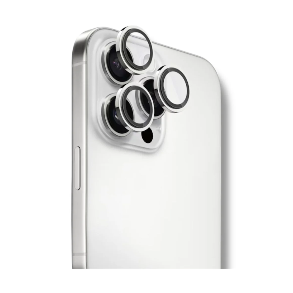 White sapphire-coated camera glass protector with stainless steel frame for triple-lens smartphone