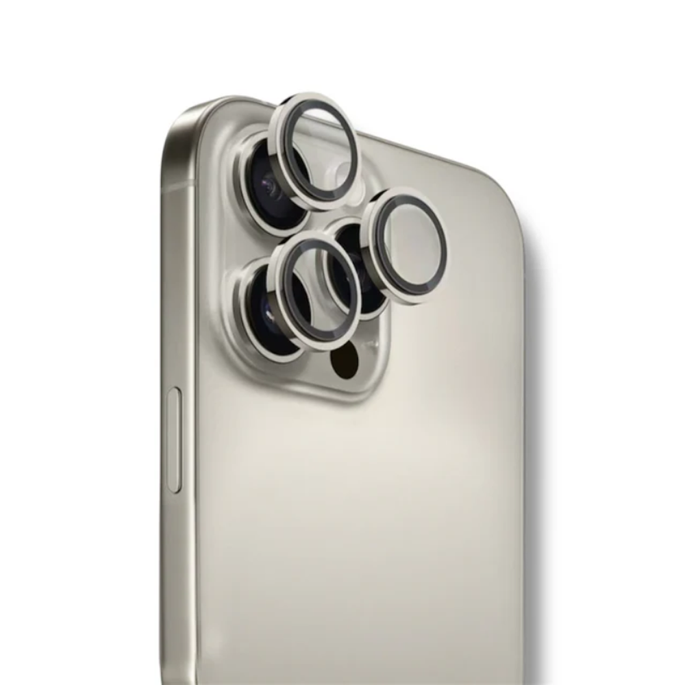 Space gray sapphire-coated camera glass protector with stainless steel frame for triple-lens smartphone