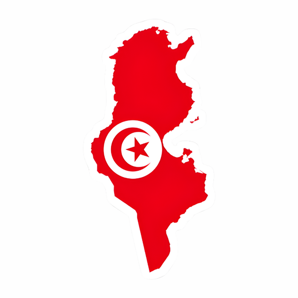 Red Tunisia map die-cut metal badge with white crescent and star emblem