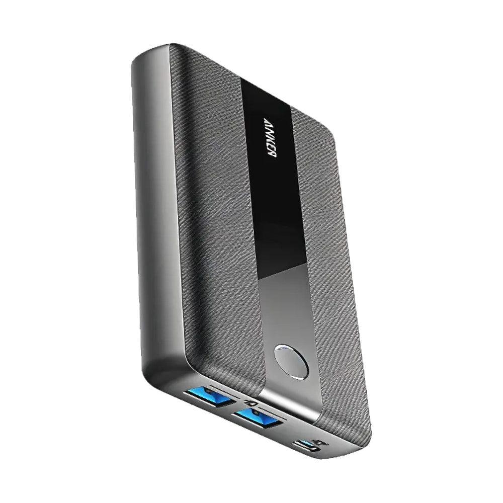 Anker 19000mAh power bank three-quarter view showing silver button and metallic base