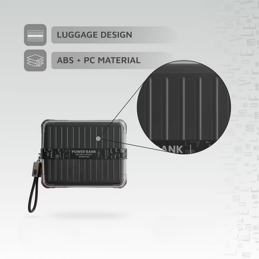 Close-up of Levelo power bank ABS+PC material and vertical ribbed luggage texture