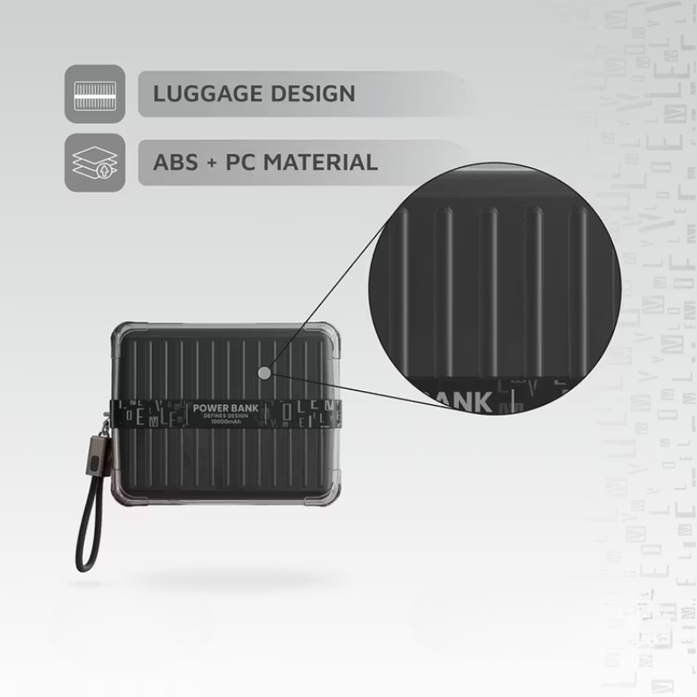 Close-up of Levelo power bank ABS+PC material and vertical ribbed luggage texture
