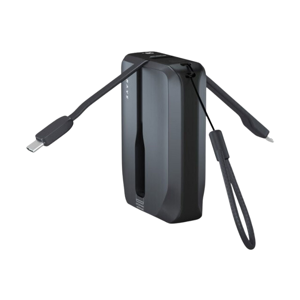 Dark gray Brave power bank with built-in USB-C and Lightning cables