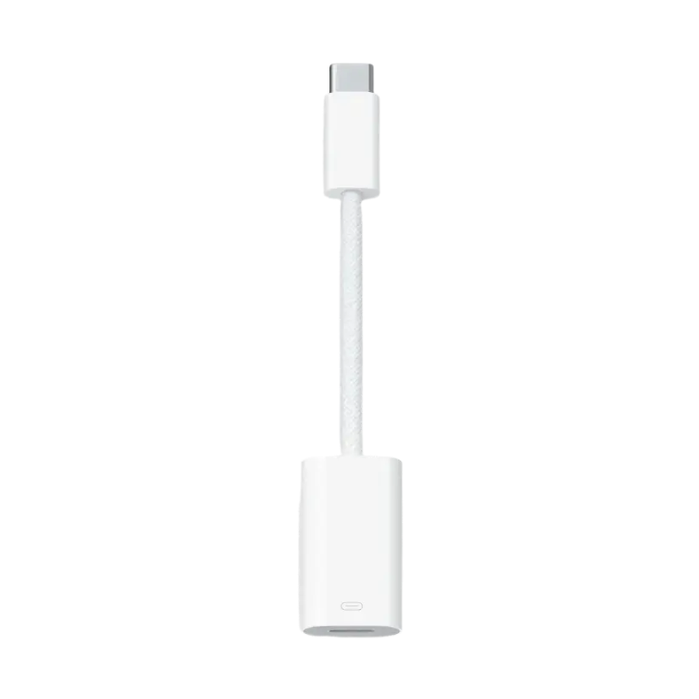 White USB-C to Lightning adapter with braided cable for CarPlay and audio