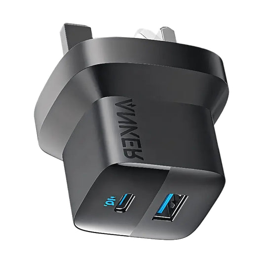 Dark gray Anker 33W glossy dual port wall charger featuring USB-C and USB-A ports
