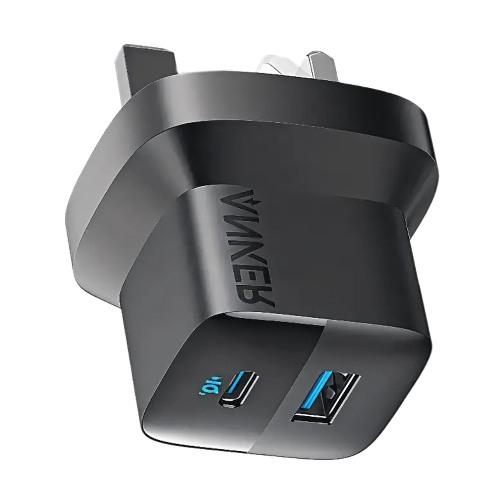 Dark gray Anker 33W glossy dual port wall charger featuring USB-C and USB-A ports