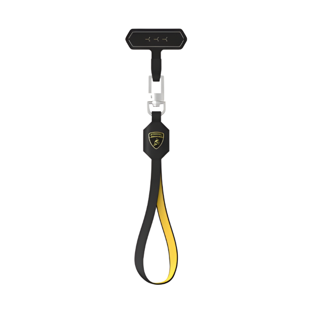 Black Lamborghini leather phone hand strap with yellow lining and gold logo