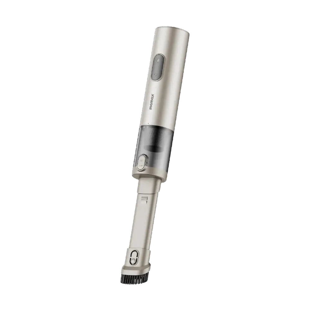 Silver Momax handheld vacuum with transparent dust chamber and black bristle brush
