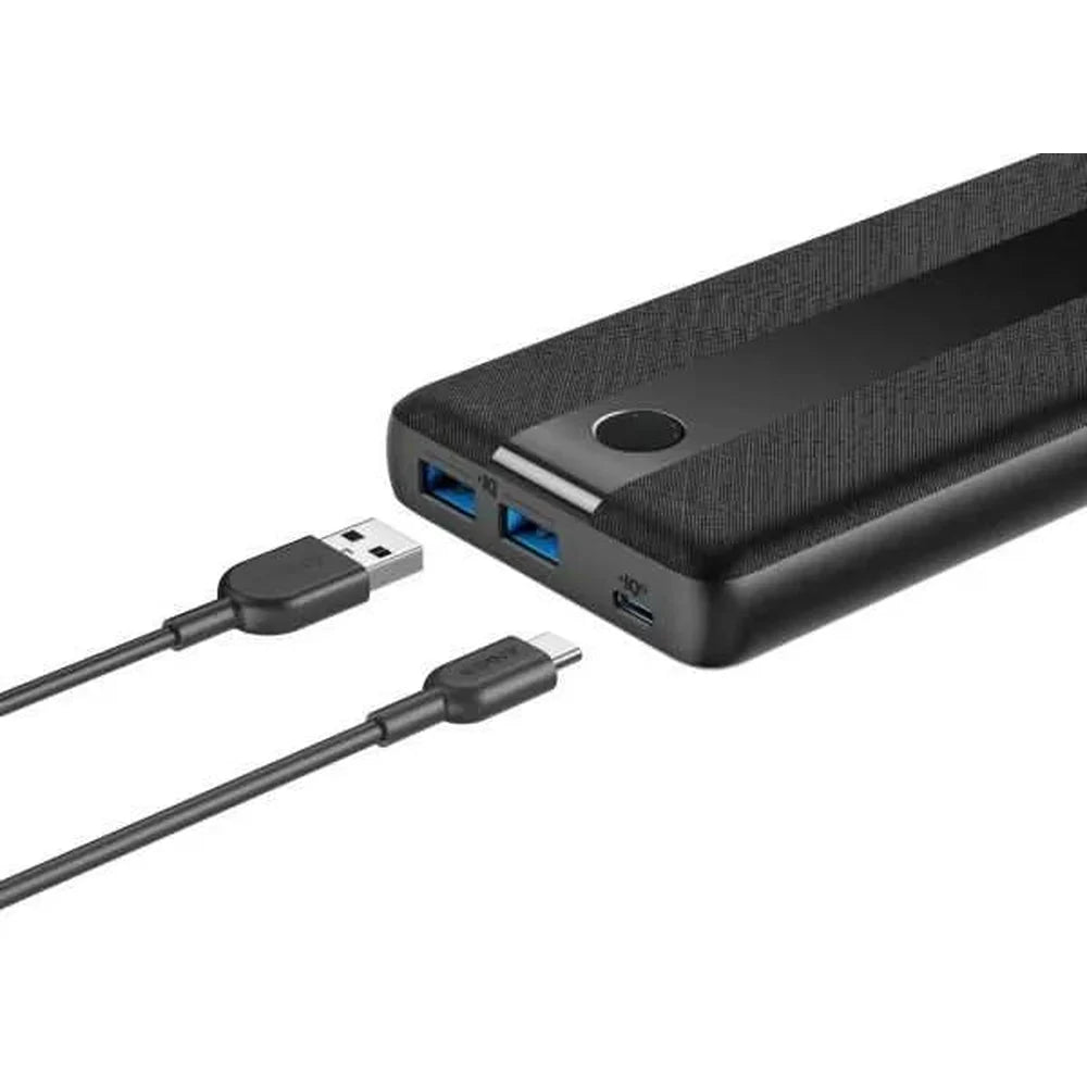 Close-up of Anker 60W portable charger side ports with included USB cables