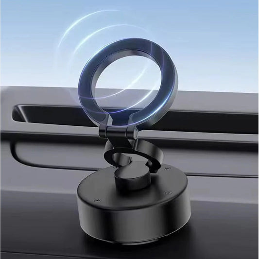 Three-axis folding strong suction car bracket on a car window with text highlighting features.