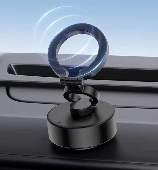 Three-axis folding strong suction car bracket on a car window with text highlighting features.