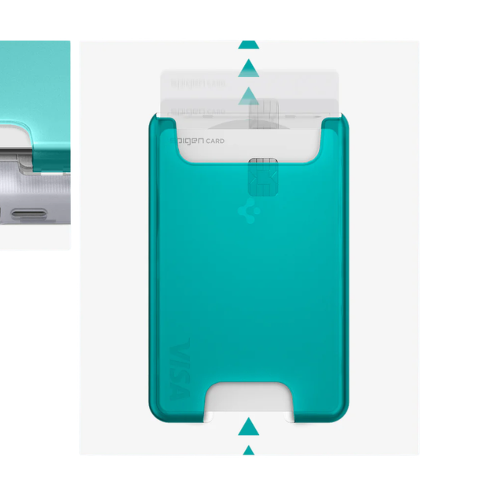 Spigen teal MagSafe wallet with card insertion detail, VISA embossing, and directional arrows
