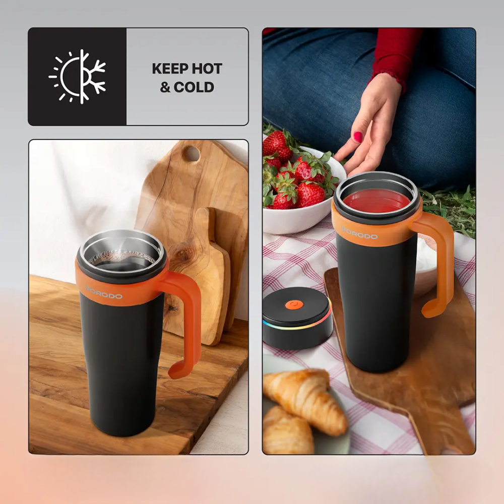 Porodo portable blender travel mug with orange band holding smoothies for hot and cold drinks