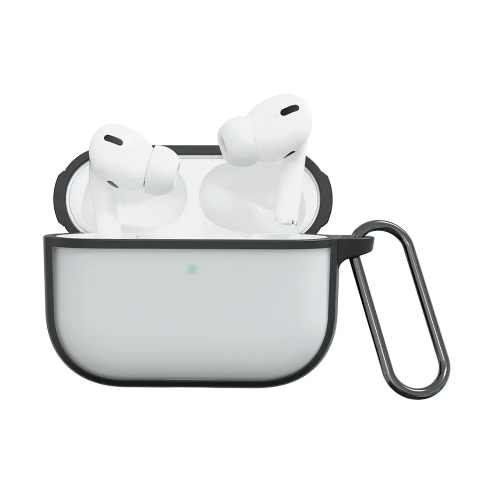 Green Lion AirPods Pro 3 case open with carabiner showing biodegradable material and wireless charging