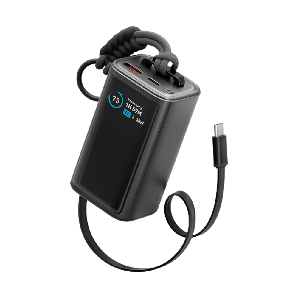 Black Energea portable charger with coiled USB-C cable and braided lanyard