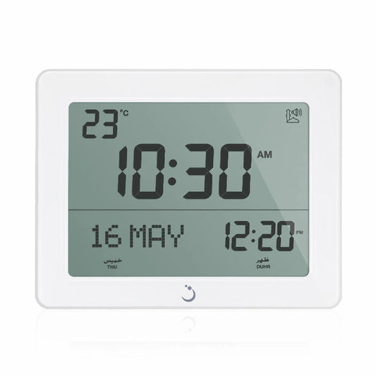 Digital clock with temperature display on a white background