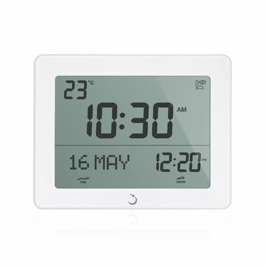 Digital clock with temperature display on a white background