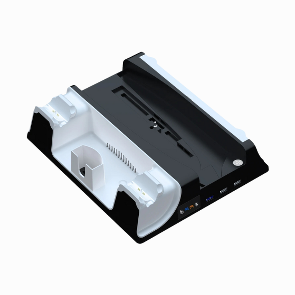 Black and white PS5 stand with dual controller charging slots and USB hub ports